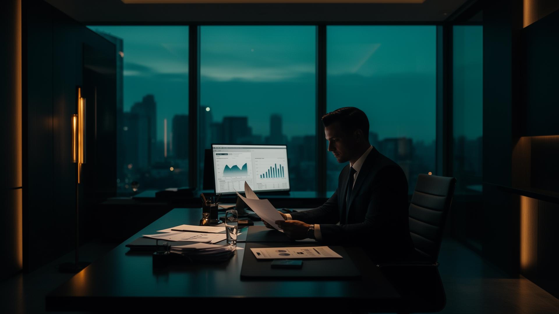 Escritório executivo com profissional analisando relatórios financeiros